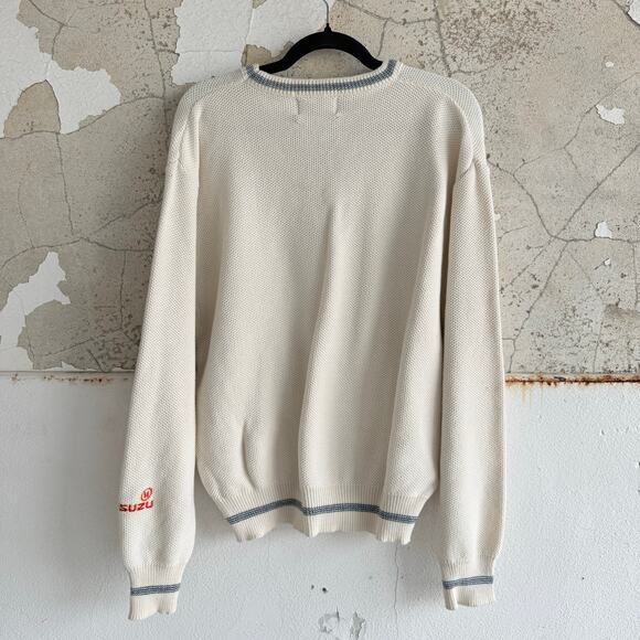 Vtg 90s Sweater Men L Cricket V Neck Sweater Cream Embroidered Isuzu Logo Preppy - Picture 8 of 12